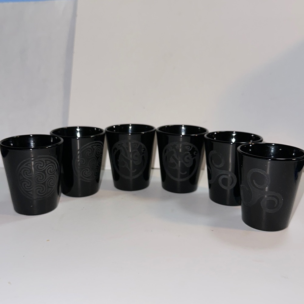 Six Libbey Black Shot Glasses - etched design on each